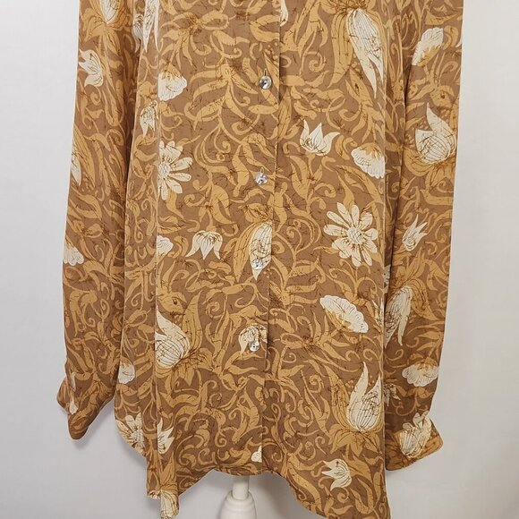 Real Clothes Sax 5th Ave Women's Size Large Mustard Floral Silk Button Up Top - Picture 4 of 15
